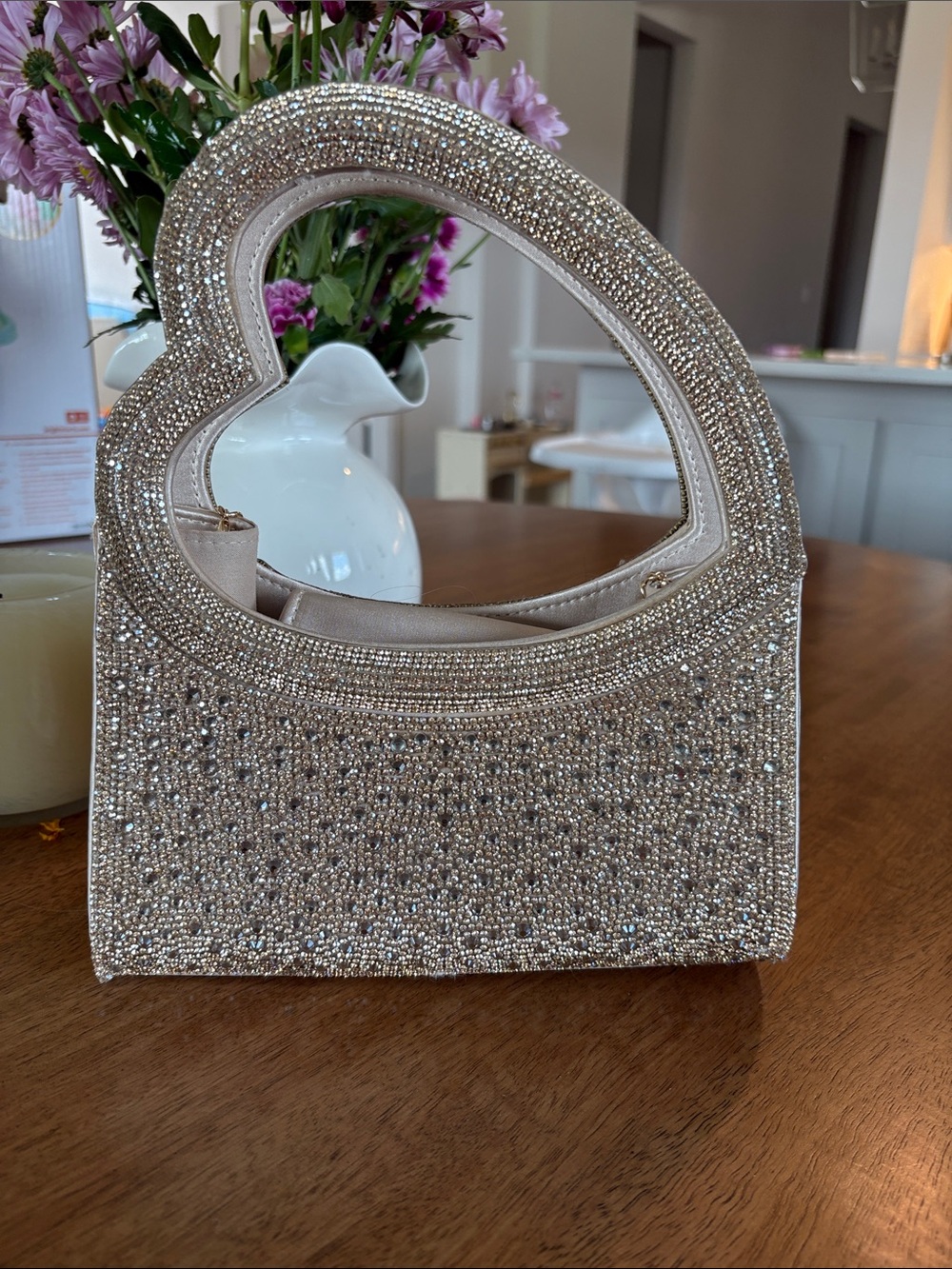 Crystal-Embellished Heart Handle Evening Bag - Champagne